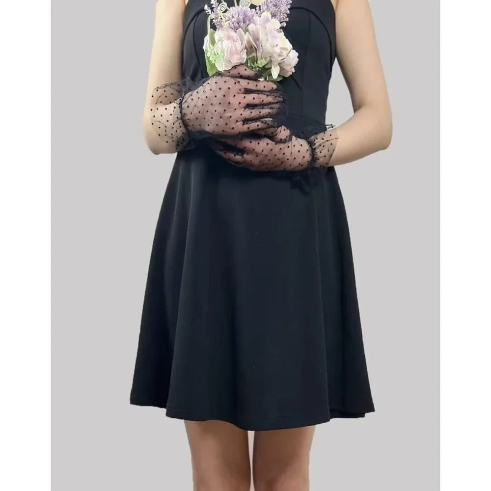 Women's Vintage Black Dots Mesh Tulle Short Lace Gloves Semi Sheer Party Costume